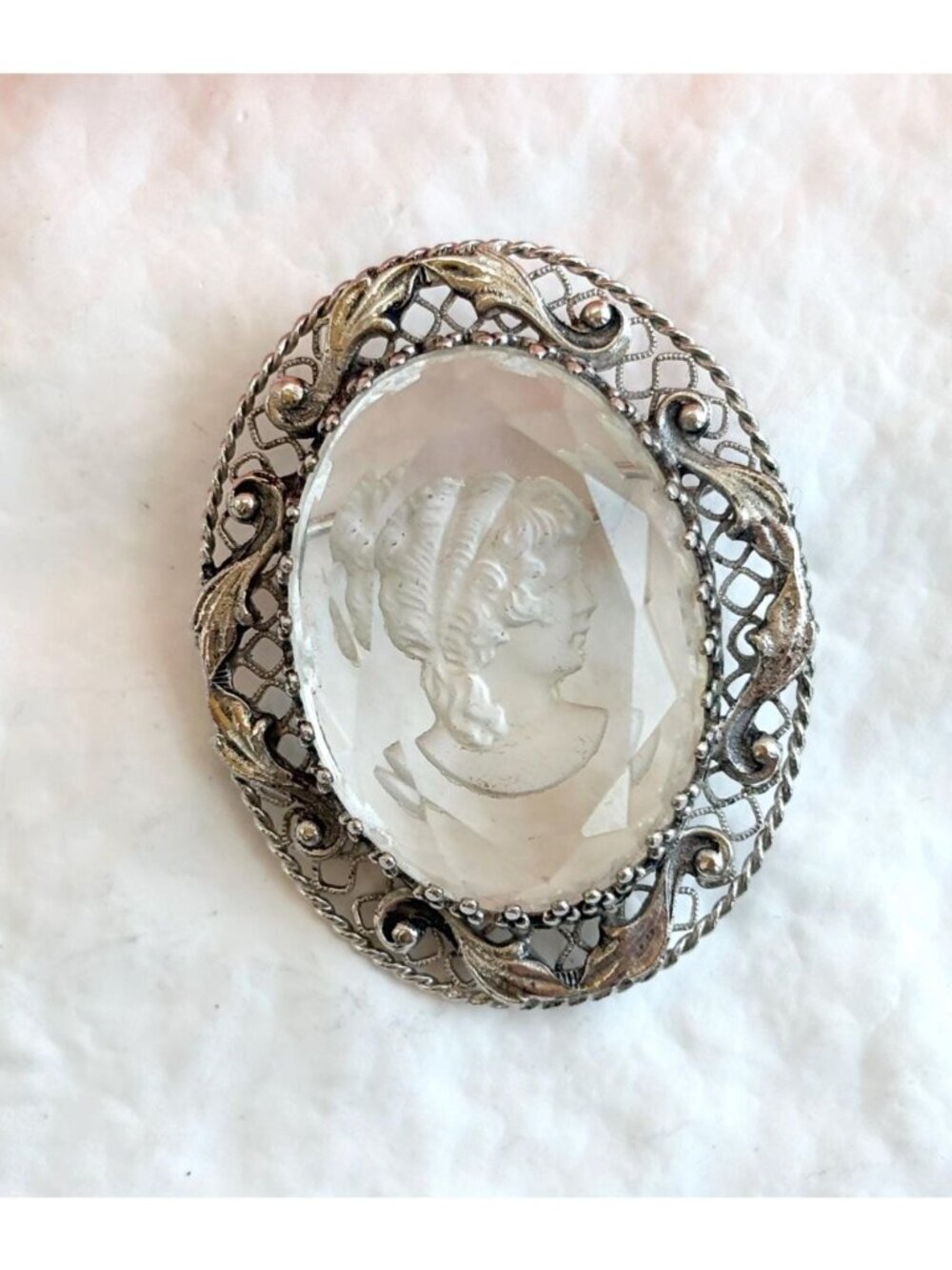Reverse Carved Lucite Cameo Silver Toned Vintage Victorian Inspired Brooch | Pin